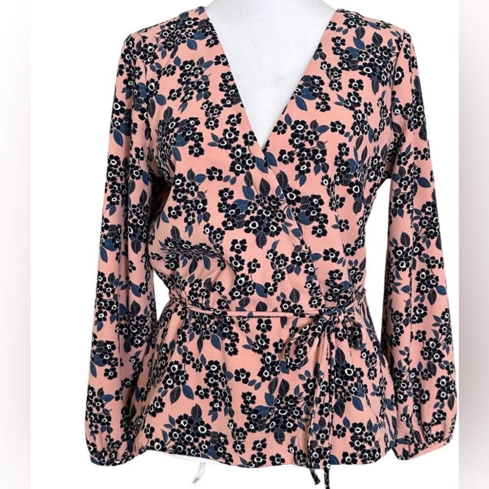 J. Crew Pink and Blue Floral Wrap Blouse